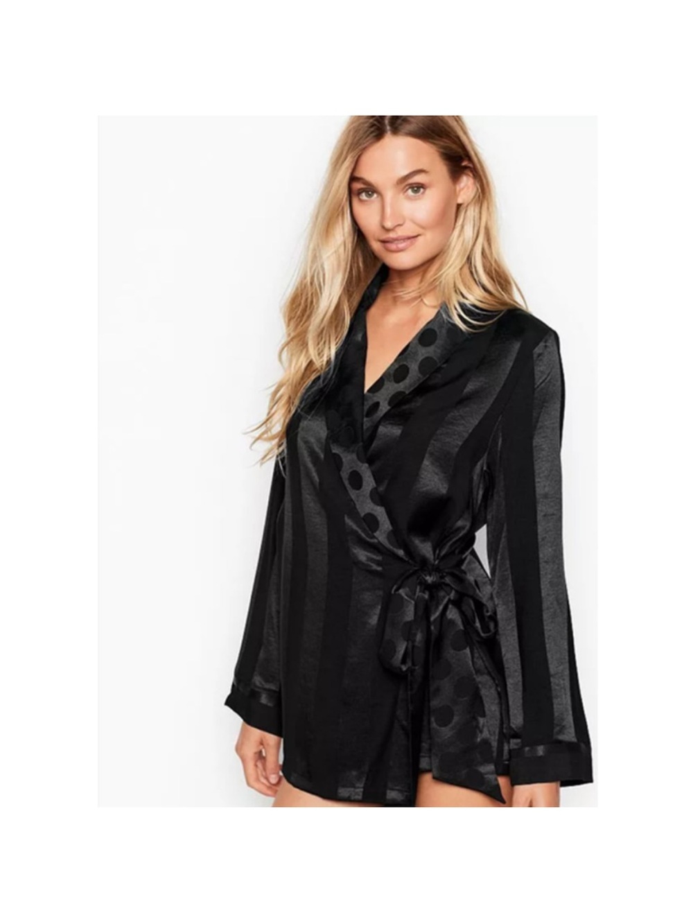 Victoria's Secret Black Satin Polka-Trim Wrap Robe
